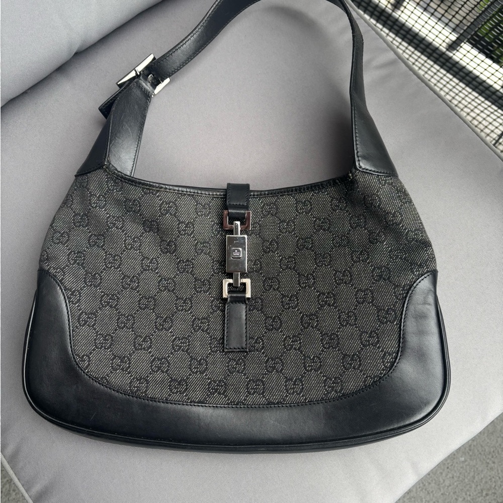 Gucci Jackie Vintage Black Denim Shoulder Bag with Silver Hardware